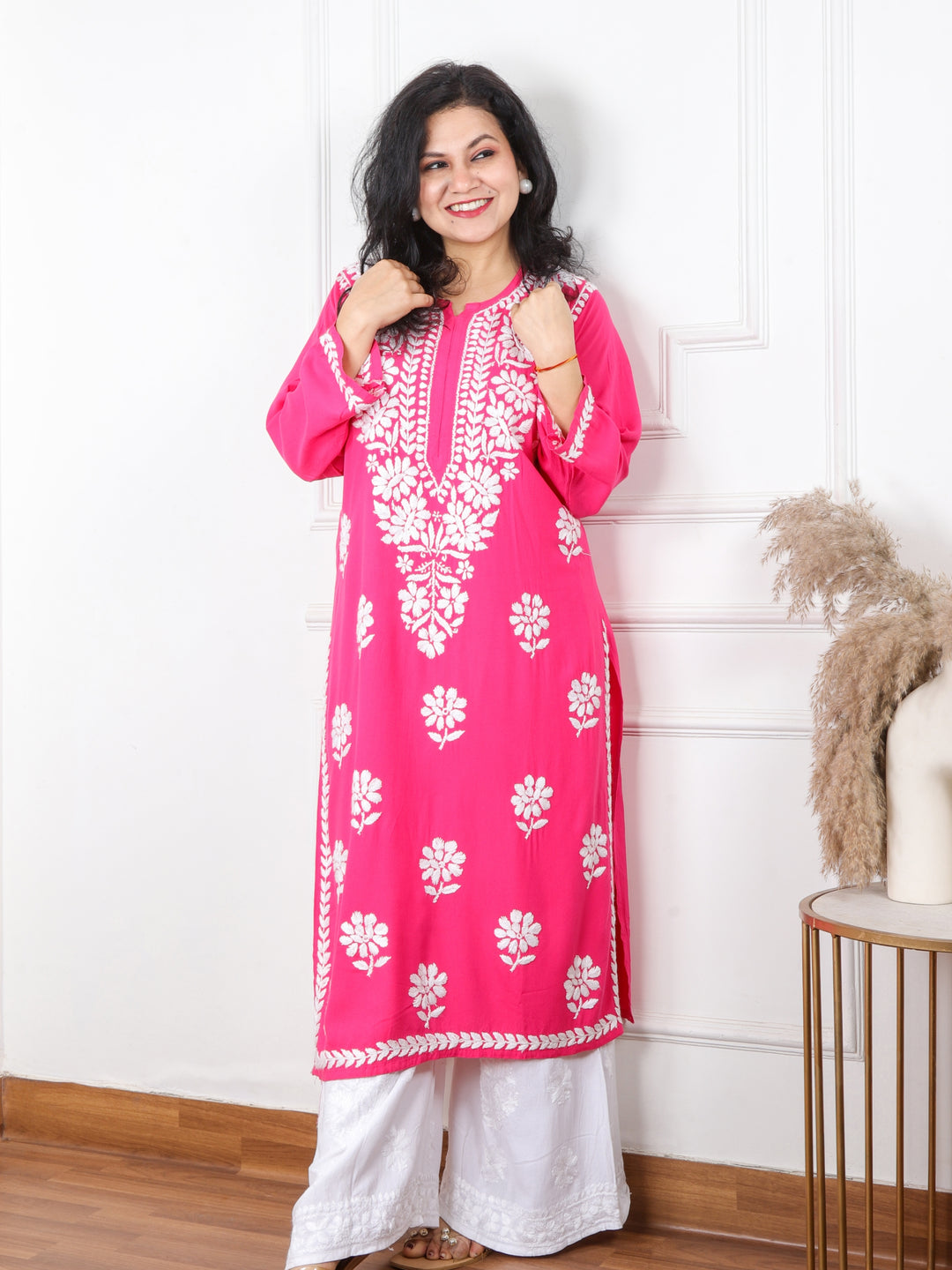 Raabta Bright Pink Chikankari Work Modal Kurti