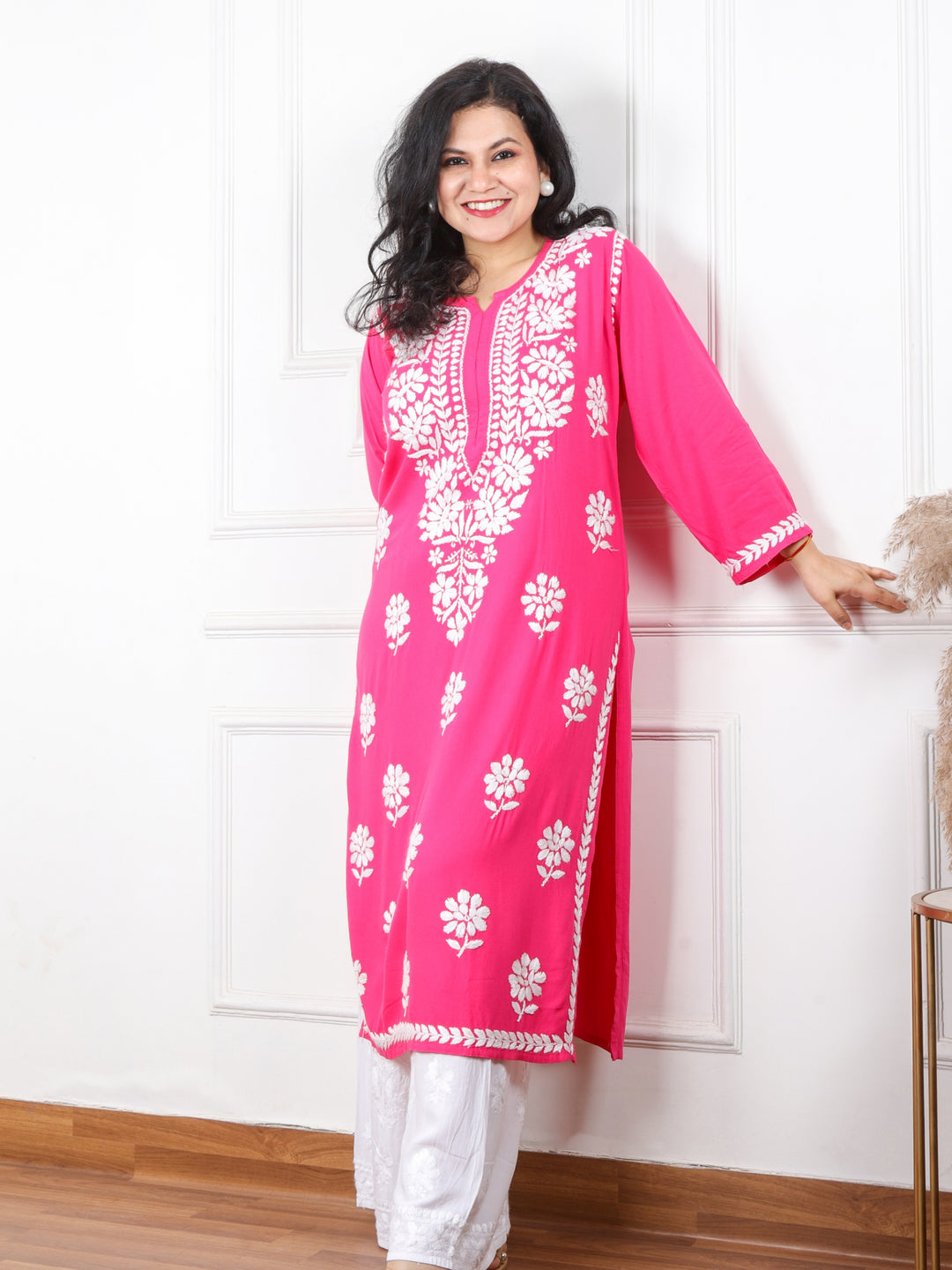 Raabta Bright Pink Chikankari Work Modal Kurti