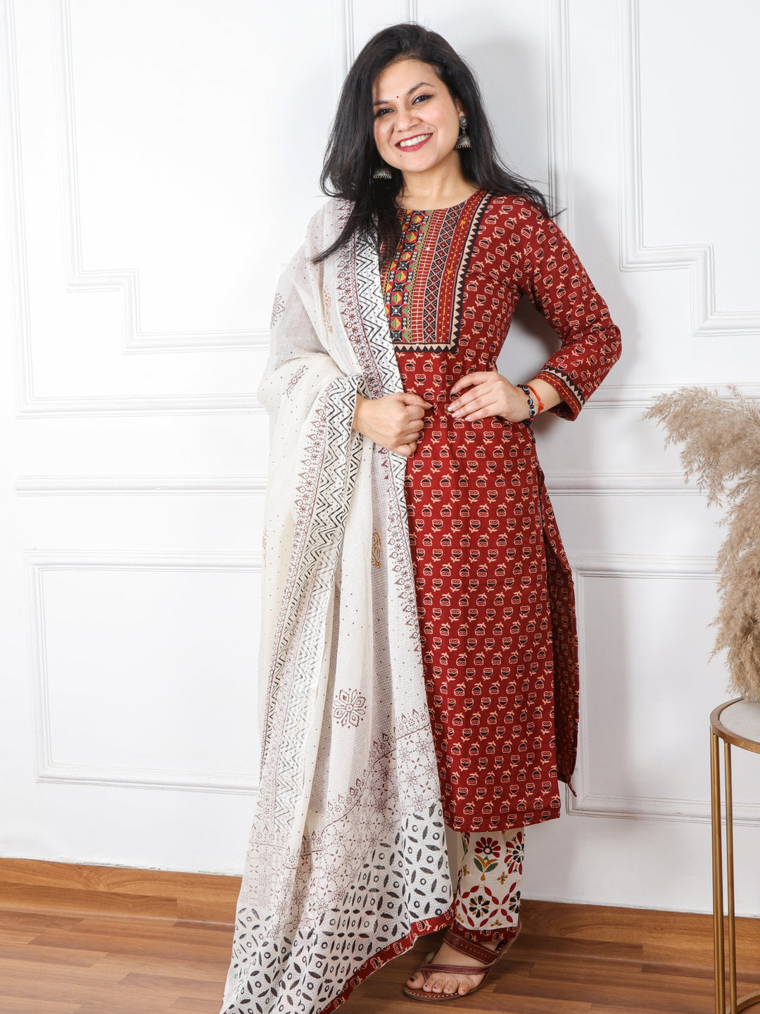Chaahat Barn Red Kutch Mirror Neck Work Print Cotton 3 Piece Set D3