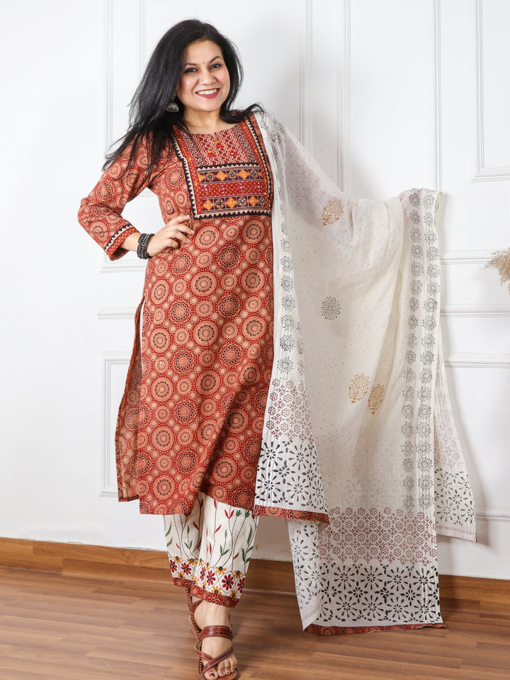 Chaahat Barn Red Kutch Mirror Neck Work Print Cotton 3 Piece Set D1