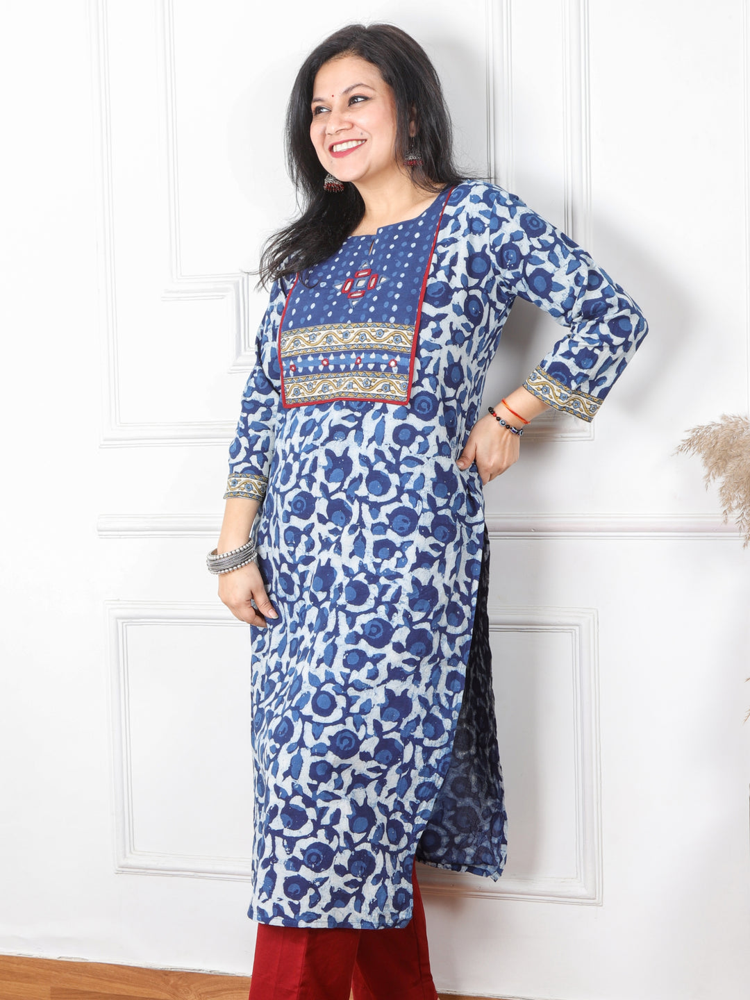 Chaahat Indigo Blue Kutch Mirror Neck Work Ajrak Print Cotton Kurti-D1