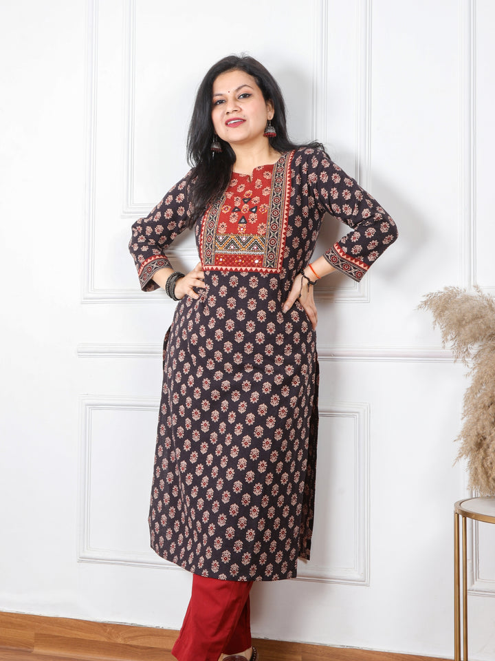 Chaahat Shadow Black Kutch Mirror Neck Work Ajrak Print Cotton Kurti-D1