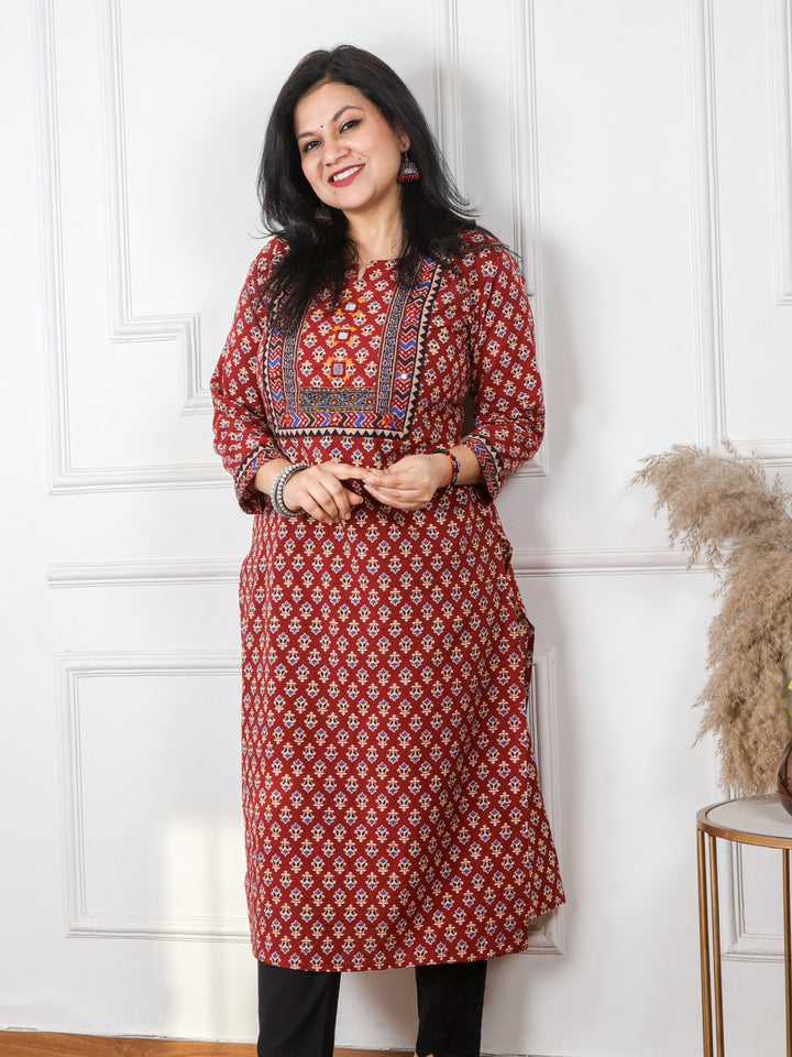 Chaahat Apple Red Kutch Mirror Neck Work Ajrak Print Cotton Kurti
