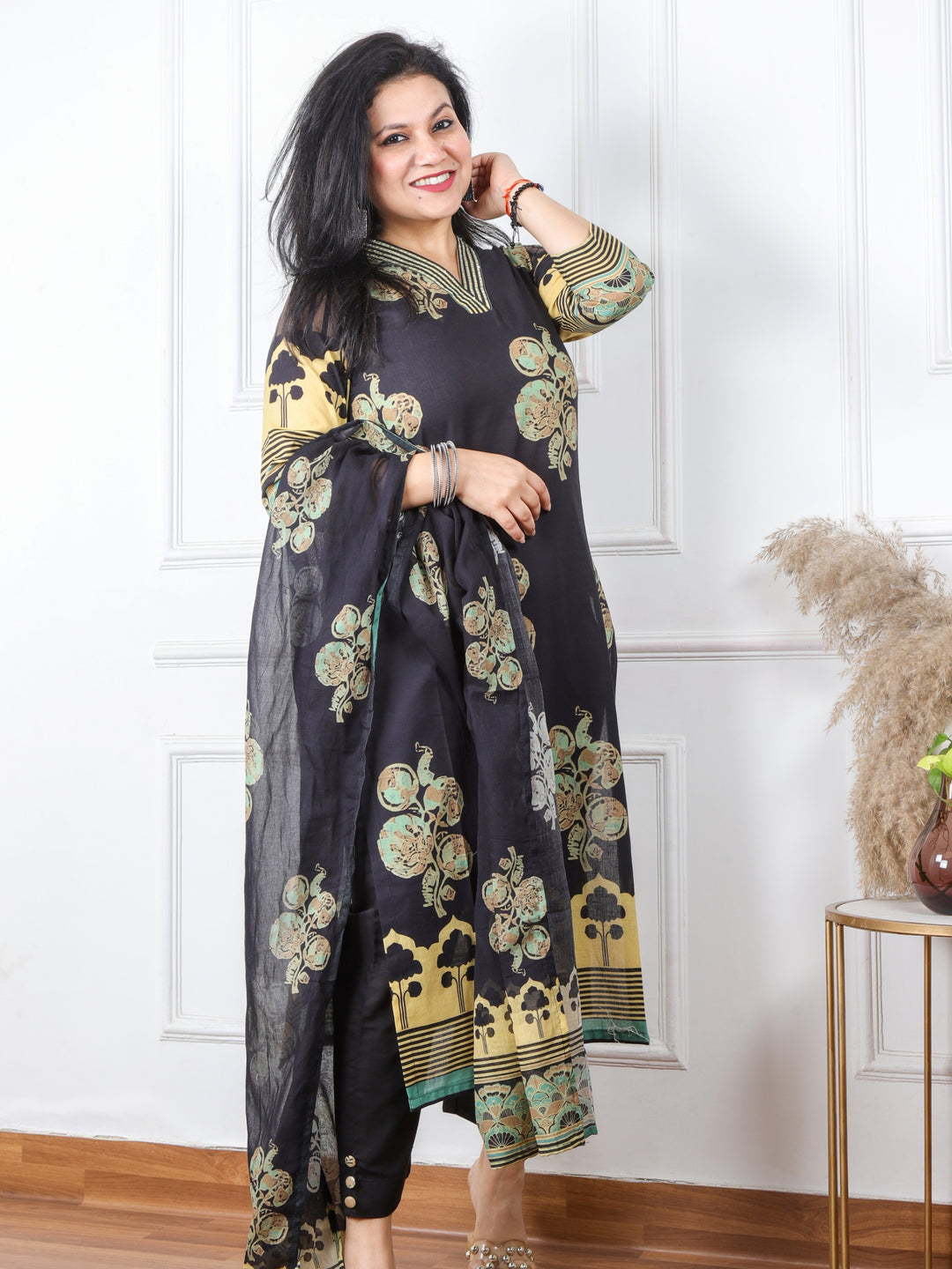 Gustakh Ebony Black Black V Neck with Placement Printed Cotton 3 Piece Set
