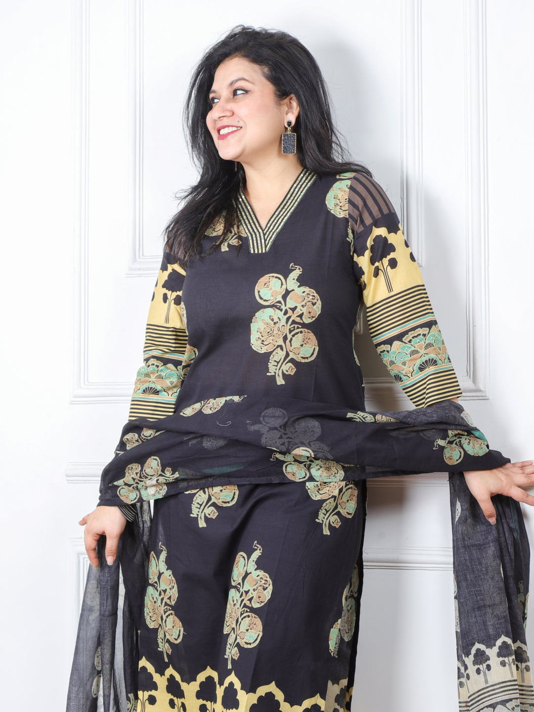 Gustakh Ebony Black Black V Neck with Placement Printed Cotton 3 Piece Set