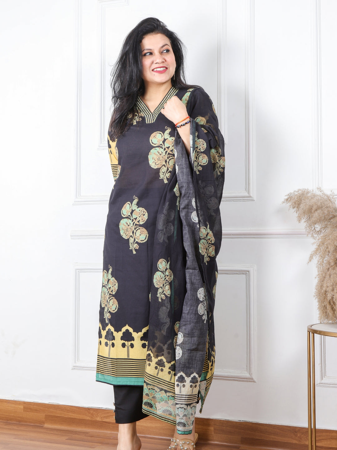 Gustakh Ebony Black Black V Neck with Placement Printed Cotton 3 Piece Set