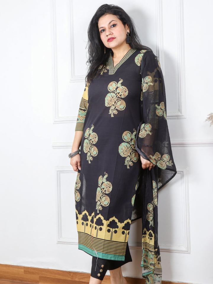 Gustakh Ebony Black Black V Neck with Placement Printed Cotton 3 Piece Set