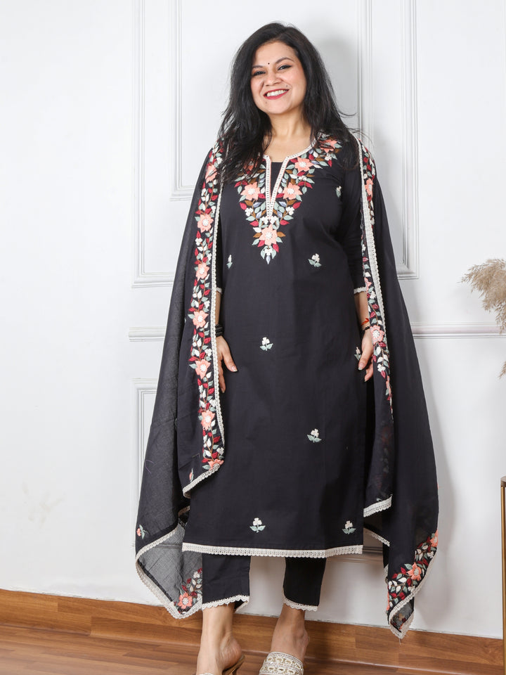 Gustakh Midnight Deep Black Chikankari inspired Neck Work Modal  3 Piece Set