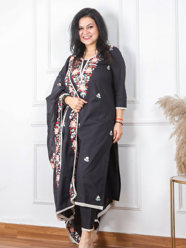 Gustakh Midnight Deep Black Chikankari inspired Neck Work Modal  3 Piece Set