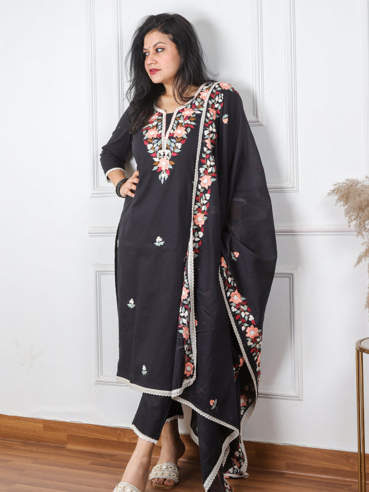 Gustakh Midnight Deep Black Chikankari inspired Neck Work Modal  3 Piece Set