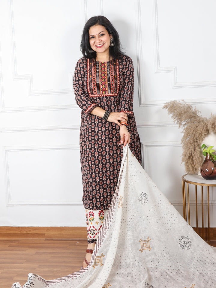 Chaahat Ebony Fade Black Kutch Mirror Neck Work Print Cotton 3 Piece Set D1