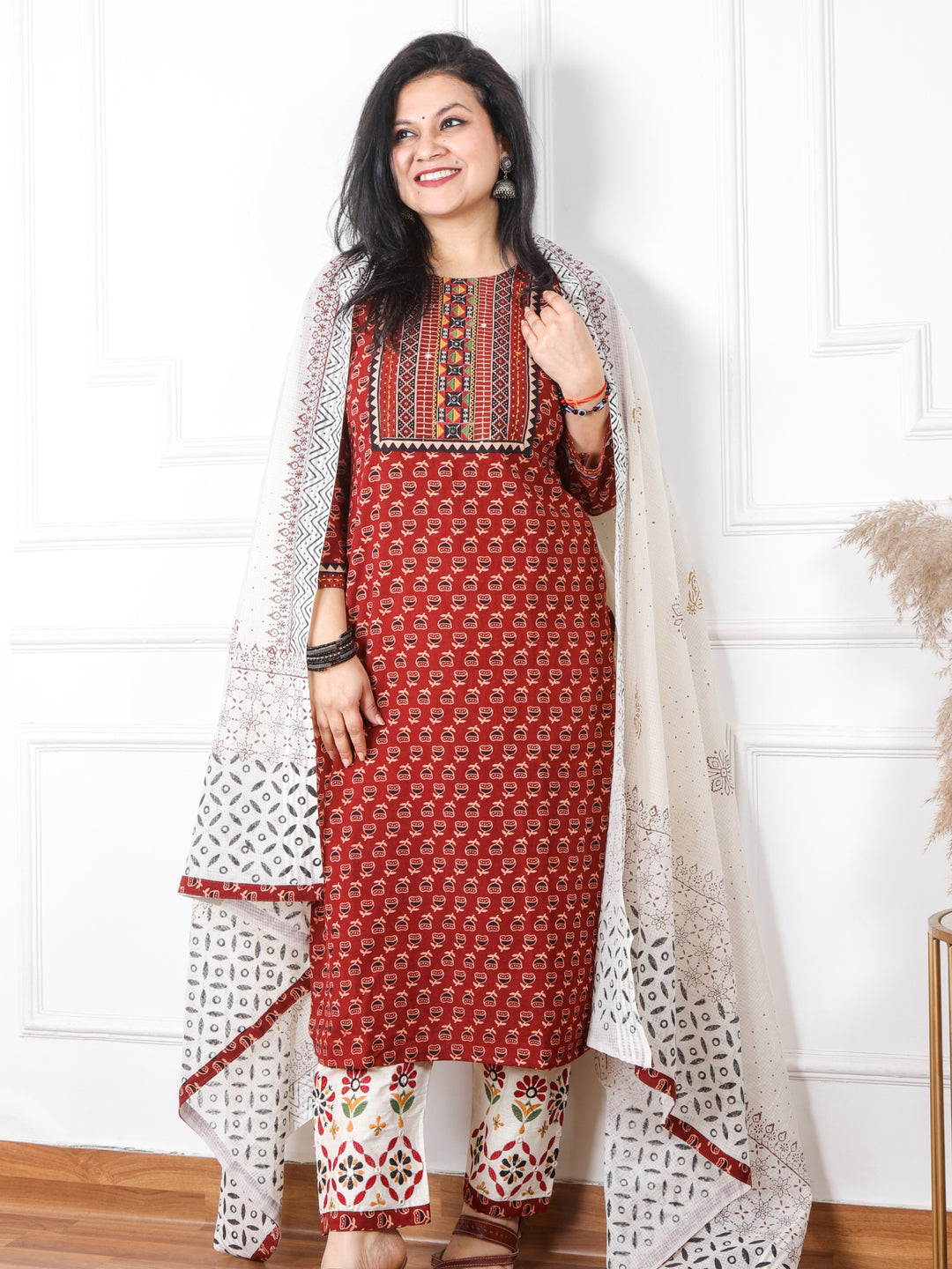 Chaahat Barn Red Kutch Mirror Neck Work Print Cotton 3 Piece Set D3