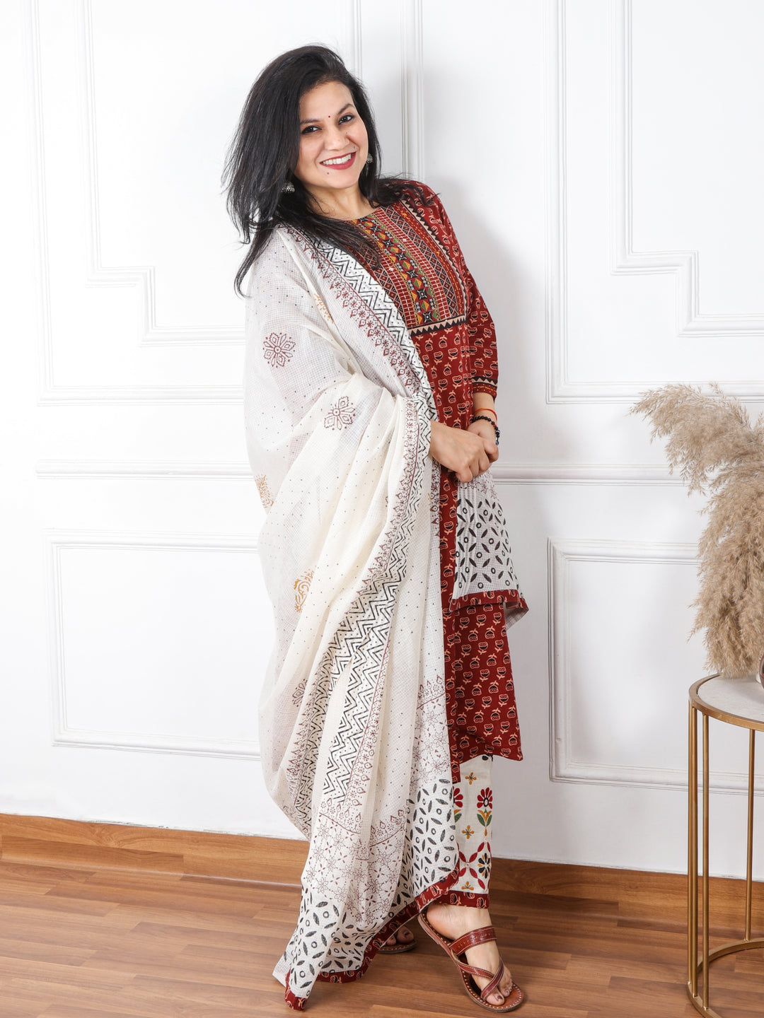 Chaahat Barn Red Kutch Mirror Neck Work Print Cotton 3 Piece Set D3