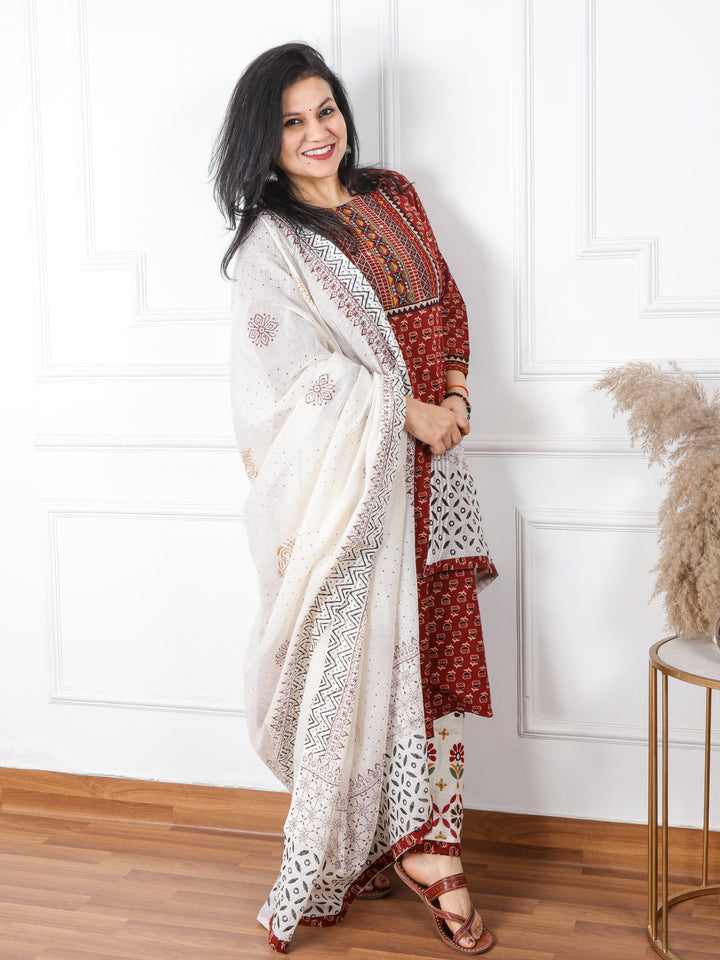 Chaahat Barn Red Kutch Mirror Neck Work Print Cotton 3 Piece Set D3