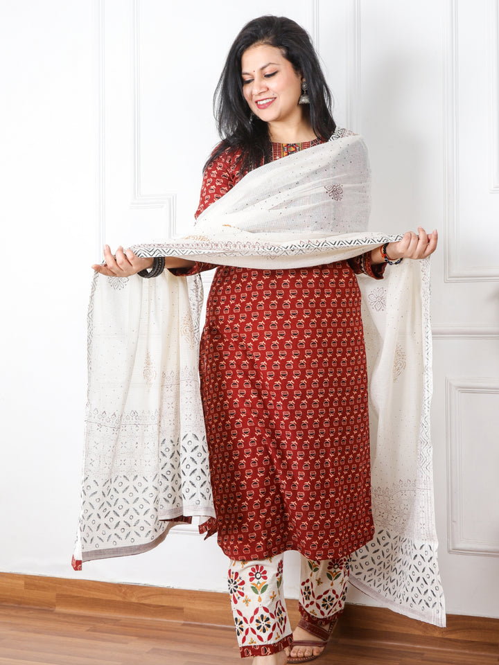 Chaahat Barn Red Kutch Mirror Neck Work Print Cotton 3 Piece Set D3