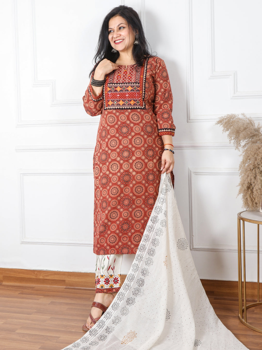 Chaahat Barn Red Kutch Mirror Neck Work Print Cotton 3 Piece Set D1