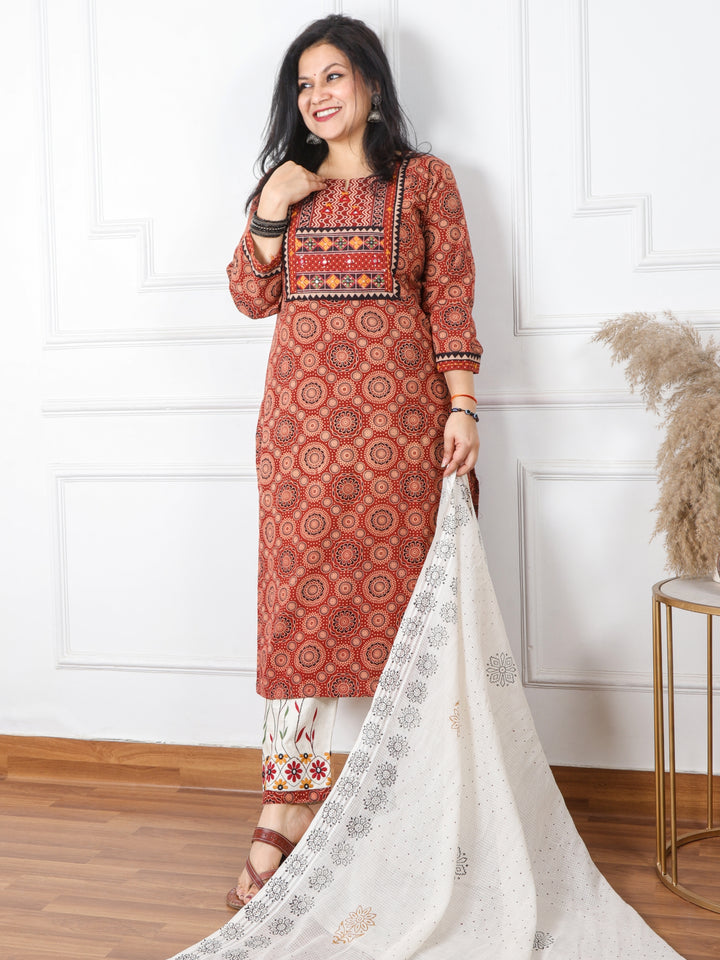 Chaahat Barn Red Kutch Mirror Neck Work Print Cotton 3 Piece Set D1
