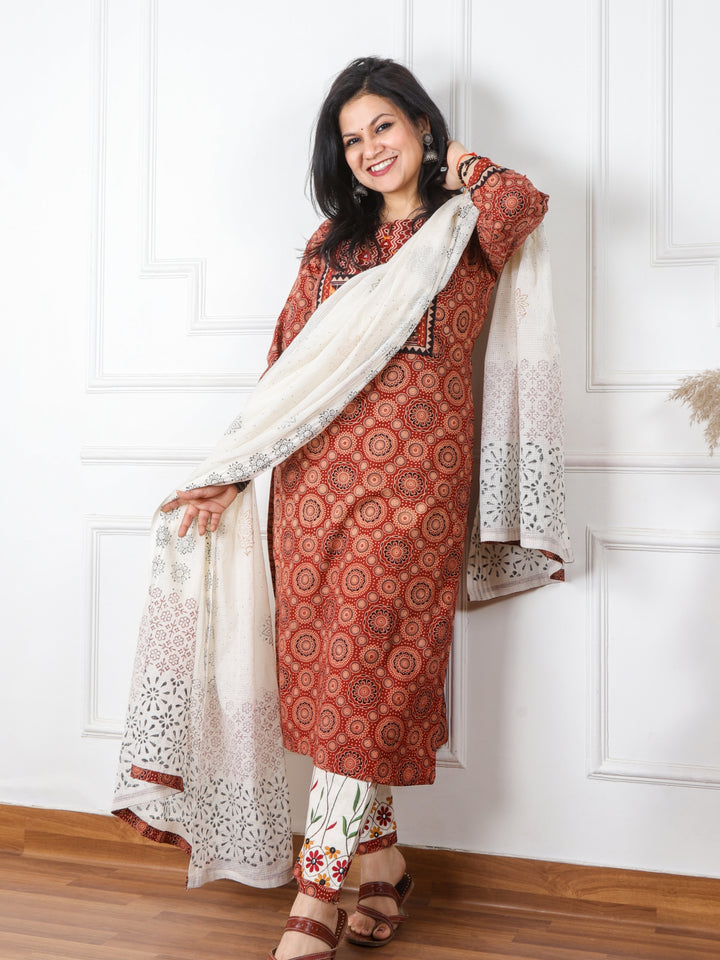 Chaahat Barn Red Kutch Mirror Neck Work Print Cotton 3 Piece Set D1