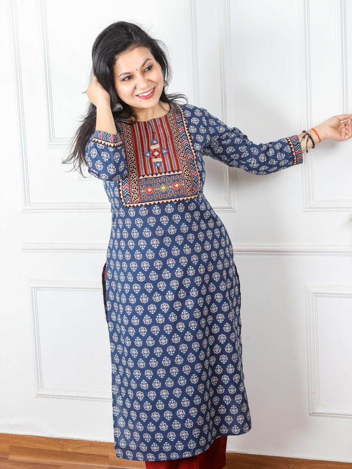 Chaahat Denim Blue Kutch Mirror Neck Work Ajrak Print Cotton Kurti-D2