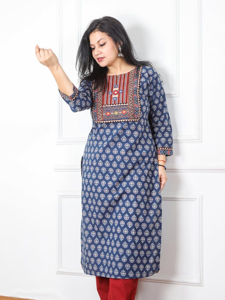 Chaahat Denim Blue Kutch Mirror Neck Work Ajrak Print Cotton Kurti-D2