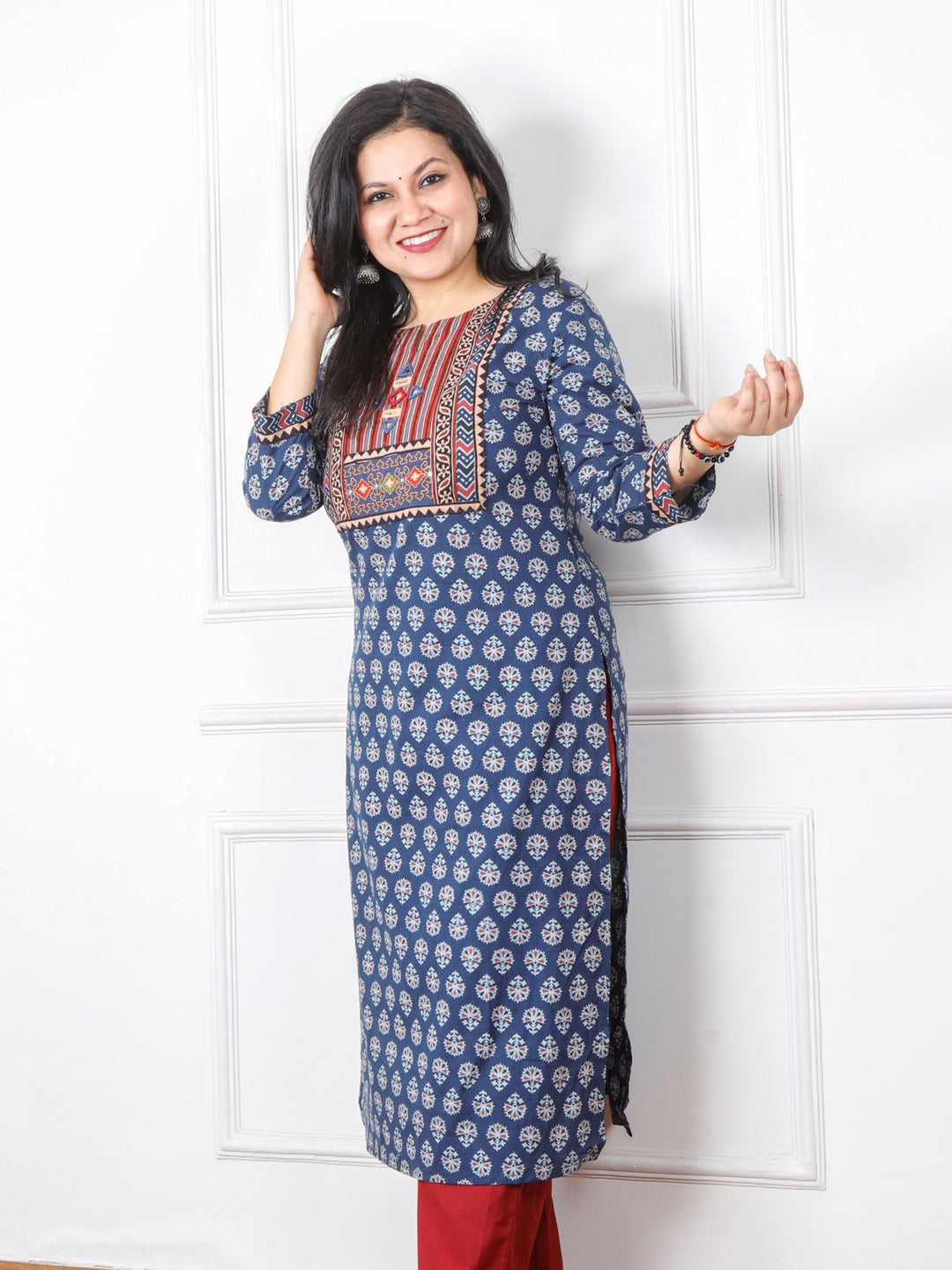 Chaahat Denim Blue Kutch Mirror Neck Work Ajrak Print Cotton Kurti-D2