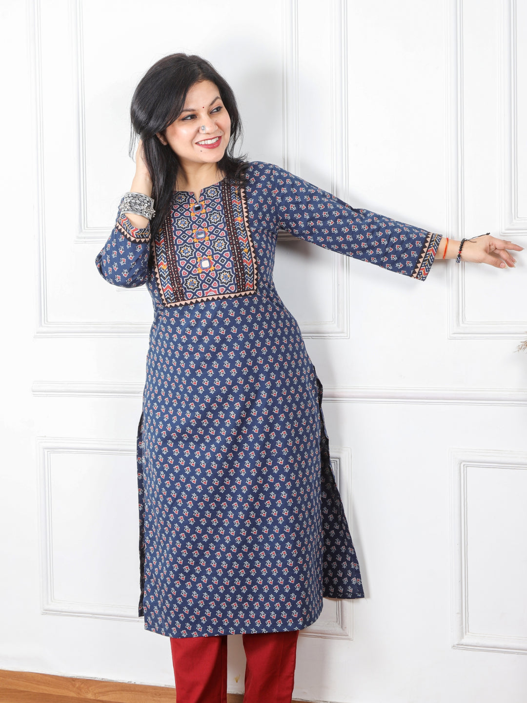 Chaahat Denim Blue Kutch Mirror Neck Work Ajrak Print Cotton Kurti