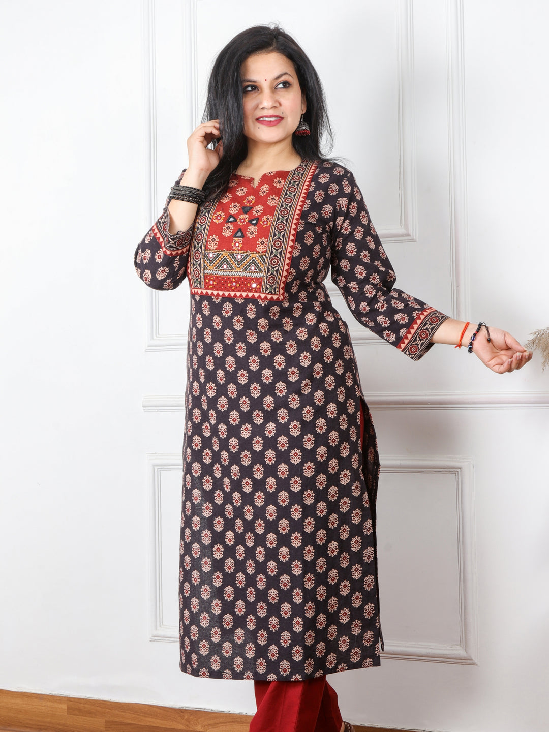 Chaahat Shadow Black Kutch Mirror Neck Work Ajrak Print Cotton Kurti-D1