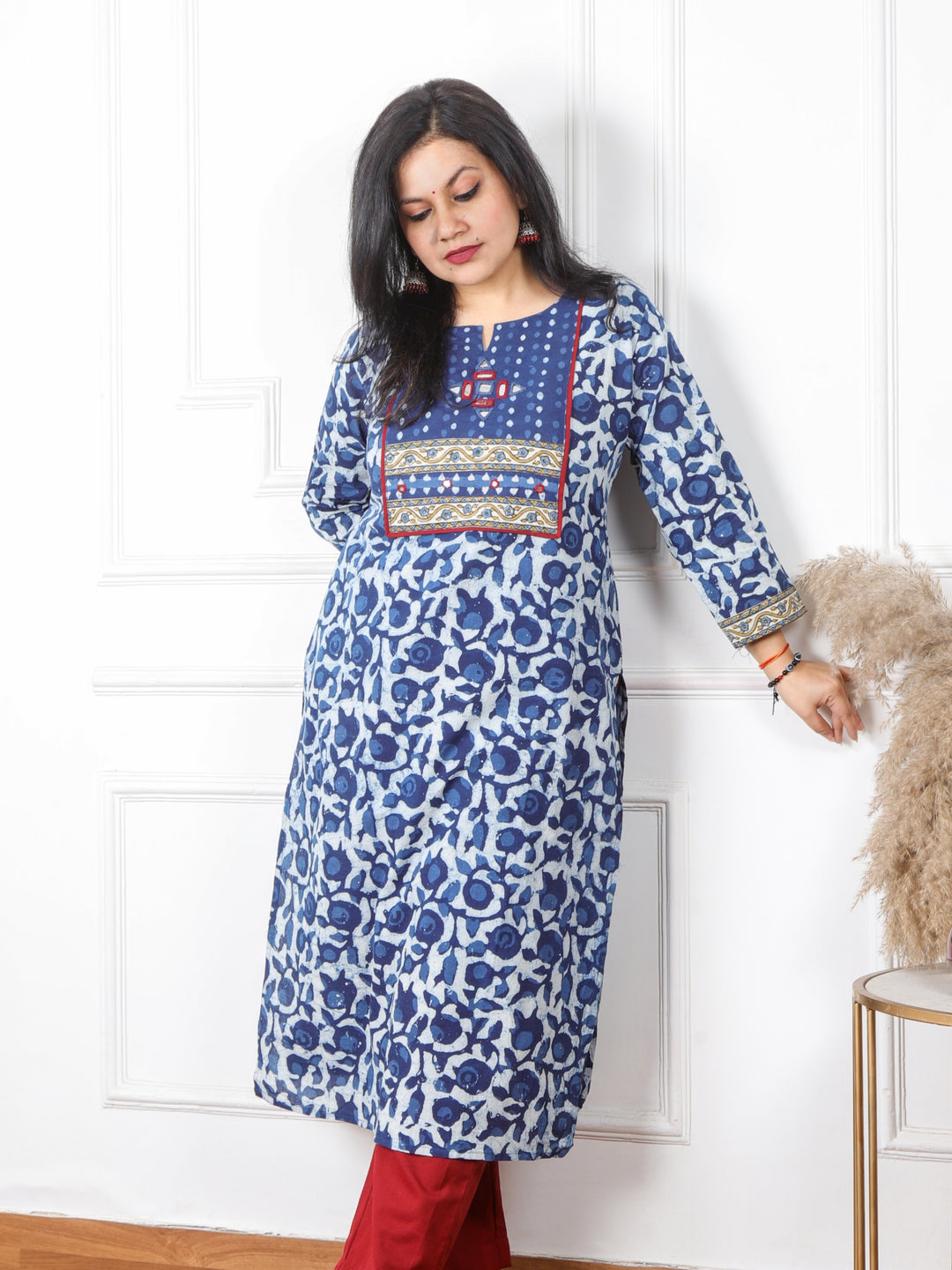 Chaahat Indigo Blue Kutch Mirror Neck Work Ajrak Print Cotton Kurti-D1