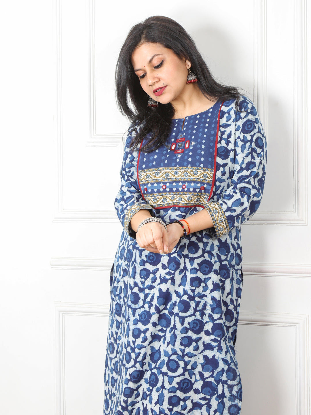 Chaahat Indigo Blue Kutch Mirror Neck Work Ajrak Print Cotton Kurti-D1