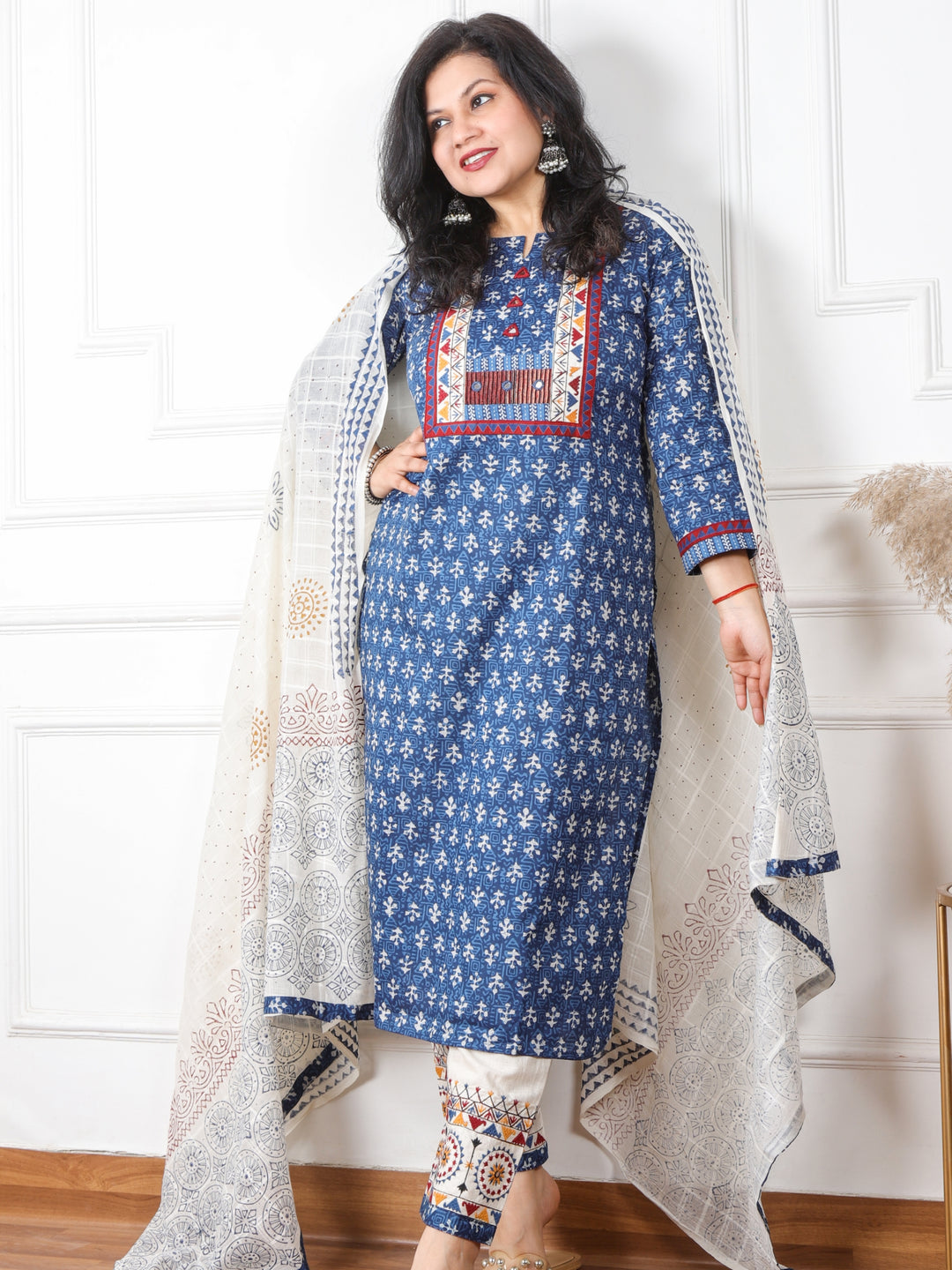 Ghoomar Indigo Blue Kutch Embroidery Neck Work Print Cotton 3 Piece Set D2