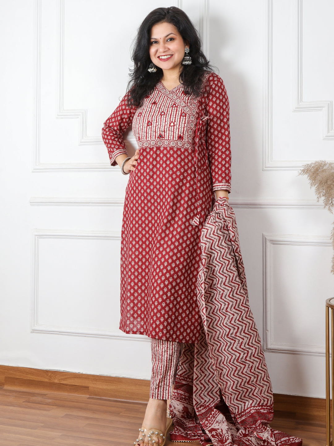 Ghoomar Rust Red Angrakha Style Neck Mirror Work Print Cotton 3 Piece Set D3