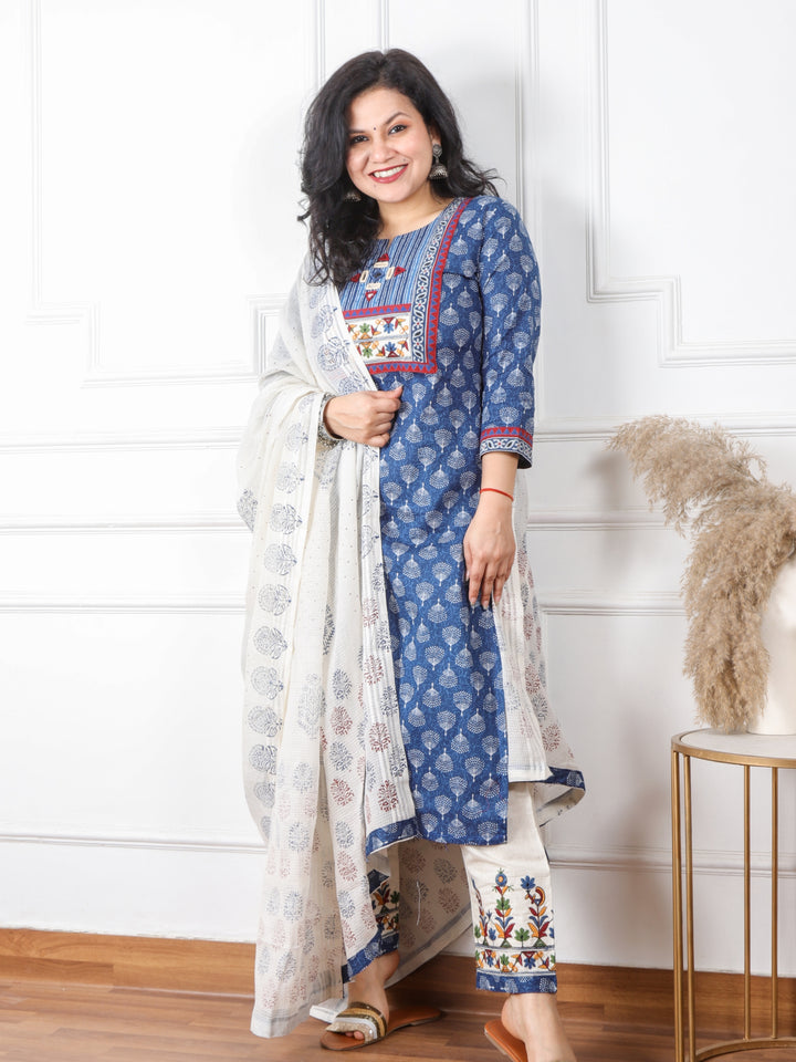 Ghoomar Indigo Blue Kutch Embroidery Neck Work Print Cotton 3 Piece Set D1
