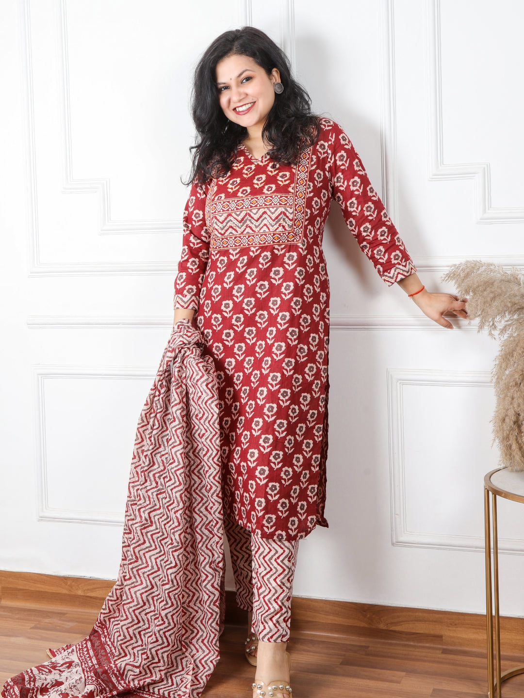 Ghoomar Rust Red Kutch Embroidery Neck Mirror Work Print Cotton 3 Piece Set D4