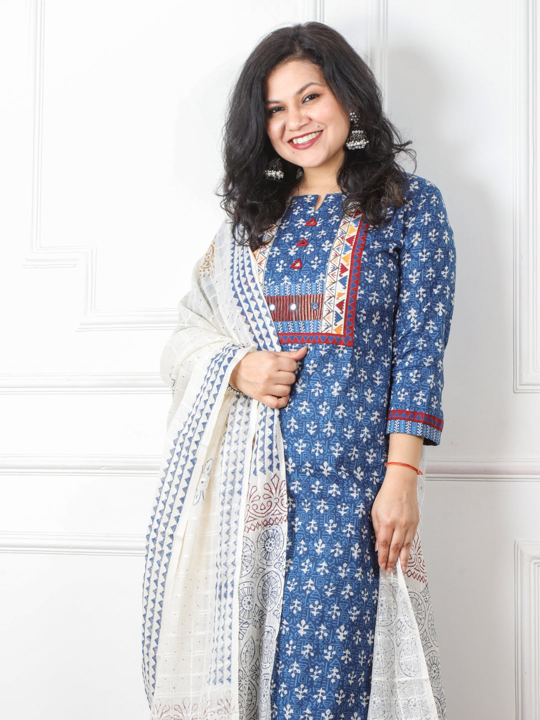 Ghoomar Indigo Blue Kutch Embroidery Neck Work Print Cotton 3 Piece Set D2