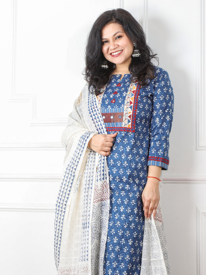 Ghoomar Indigo Blue Kutch Embroidery Neck Work Print Cotton 3 Piece Set D2