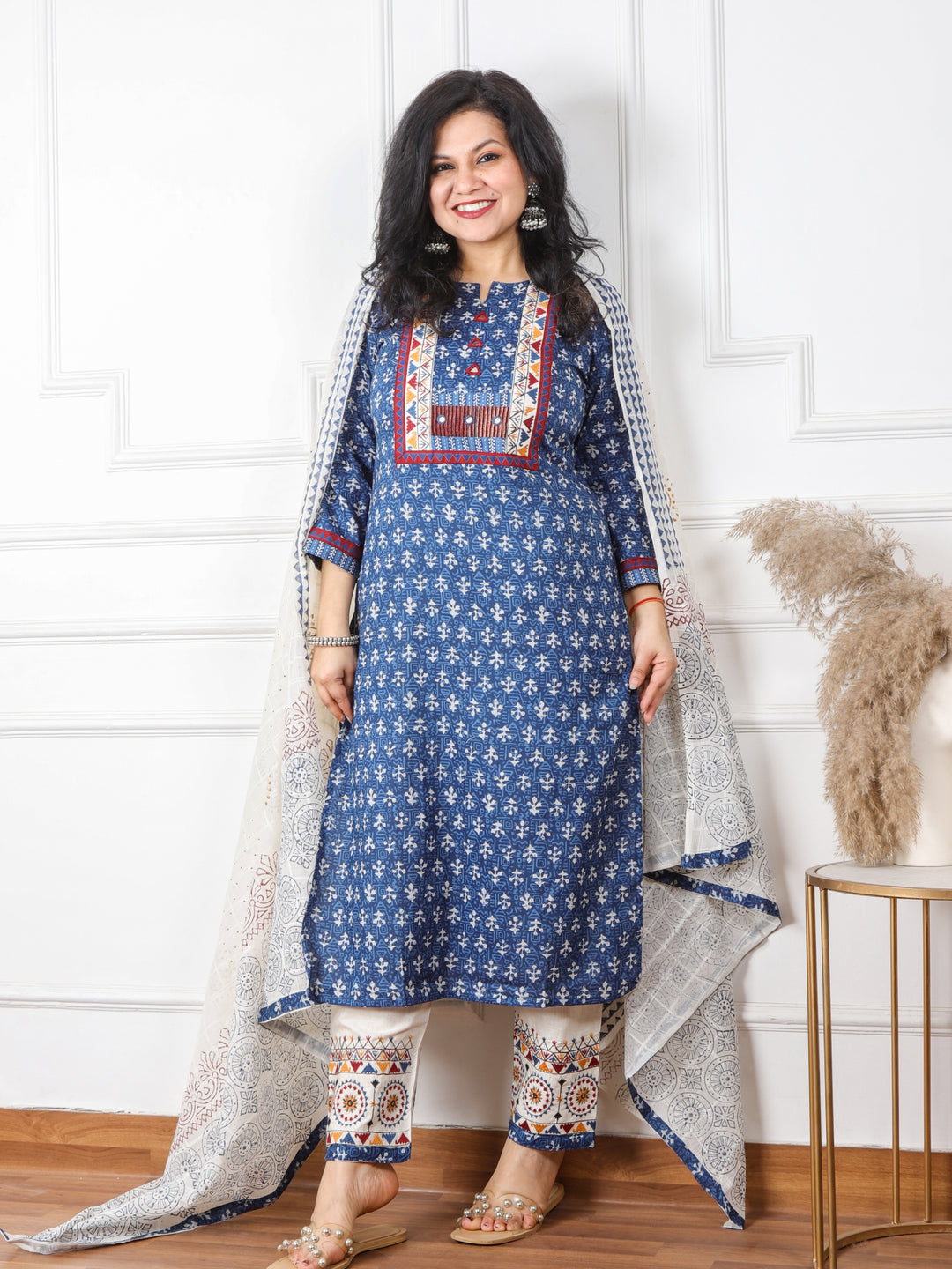 Ghoomar Indigo Blue Kutch Embroidery Neck Work Print Cotton 3 Piece Set D2