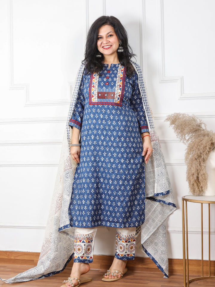 Ghoomar Indigo Blue Kutch Embroidery Neck Work Print Cotton 3 Piece Set D2
