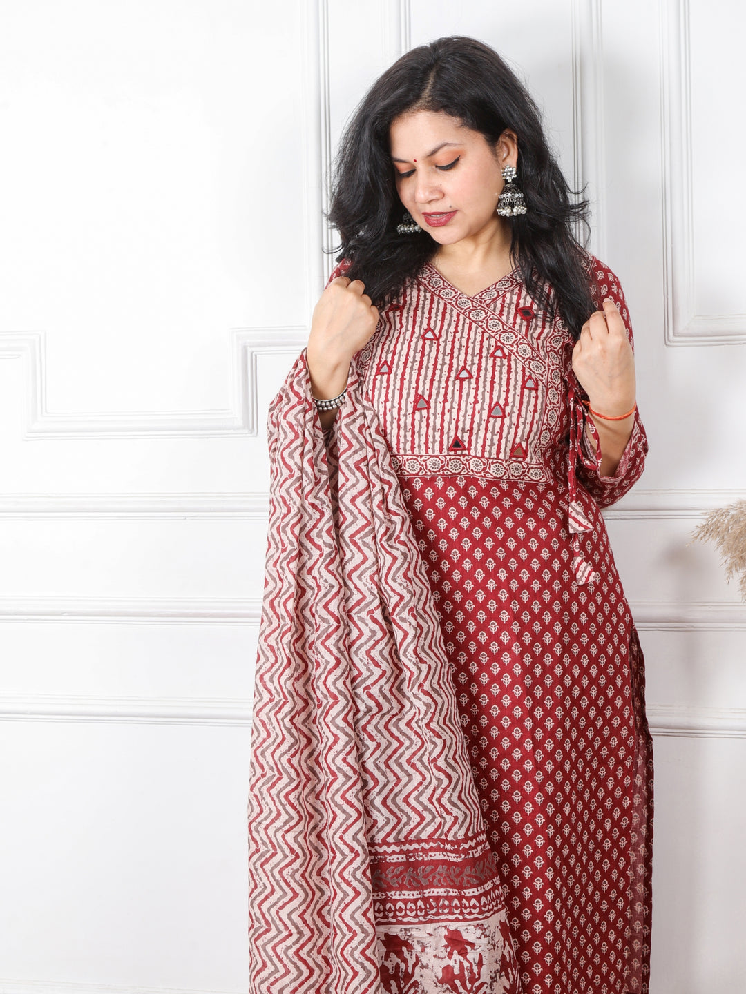 Ghoomar Rust Red Angrakha Style Neck Mirror Work Print Cotton 3 Piece Set D3
