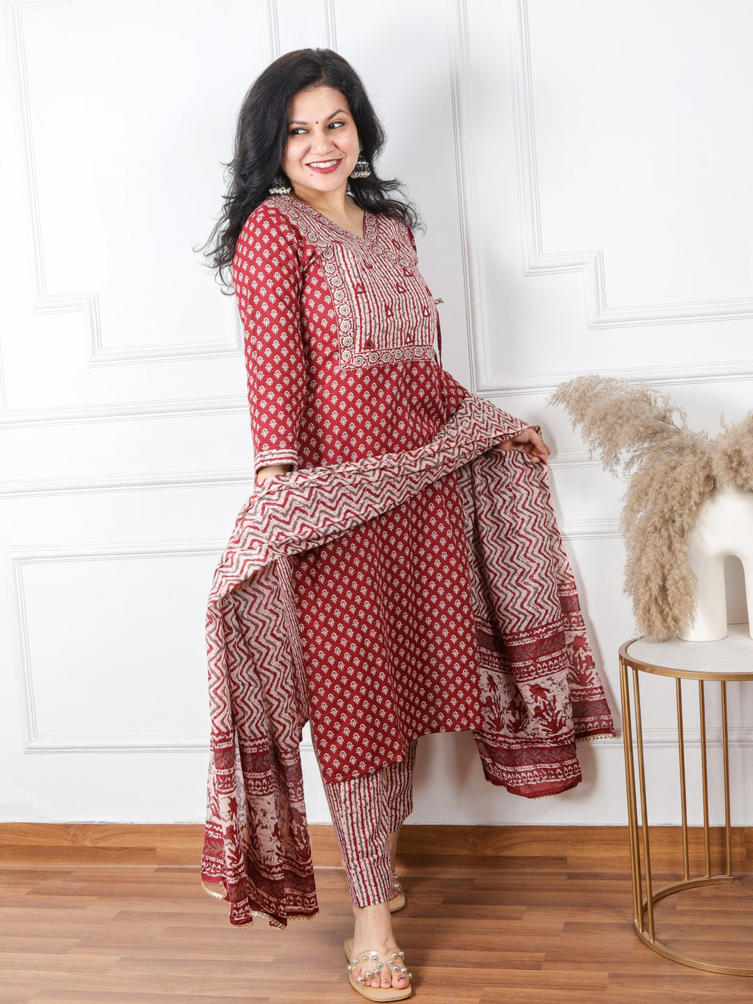 Ghoomar Rust Red Angrakha Style Neck Mirror Work Print Cotton 3 Piece Set D3