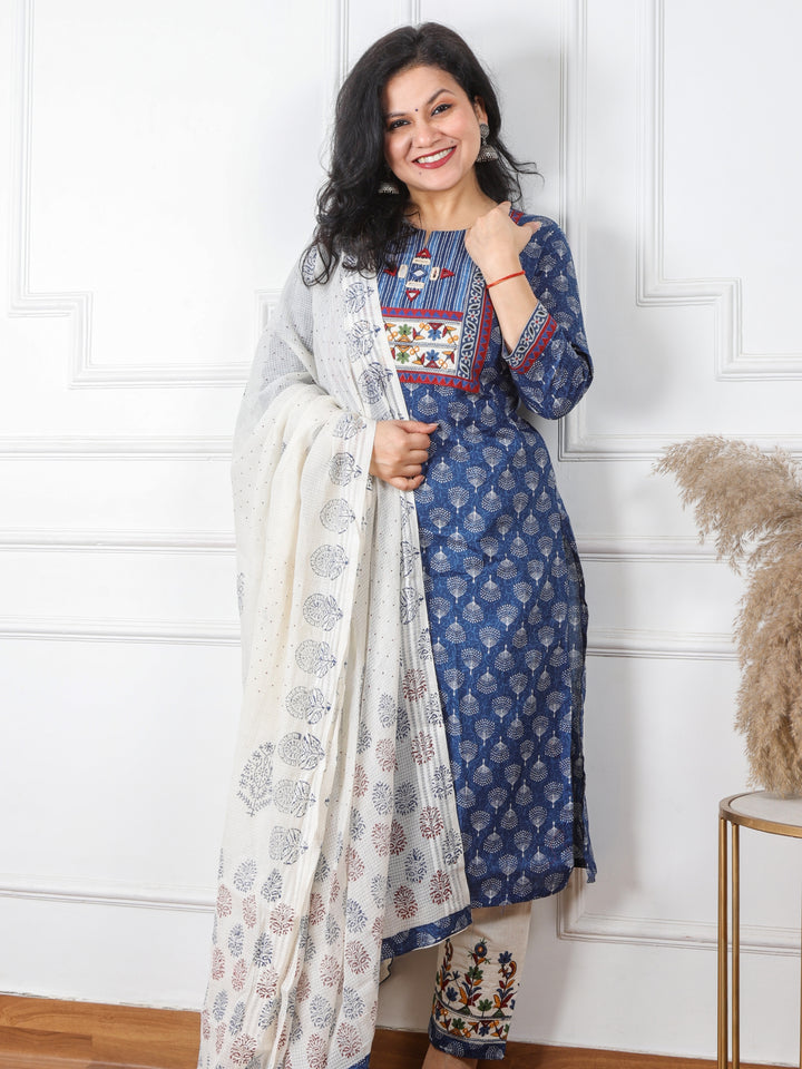 Ghoomar Indigo Blue Kutch Embroidery Neck Work Print Cotton 3 Piece Set D1