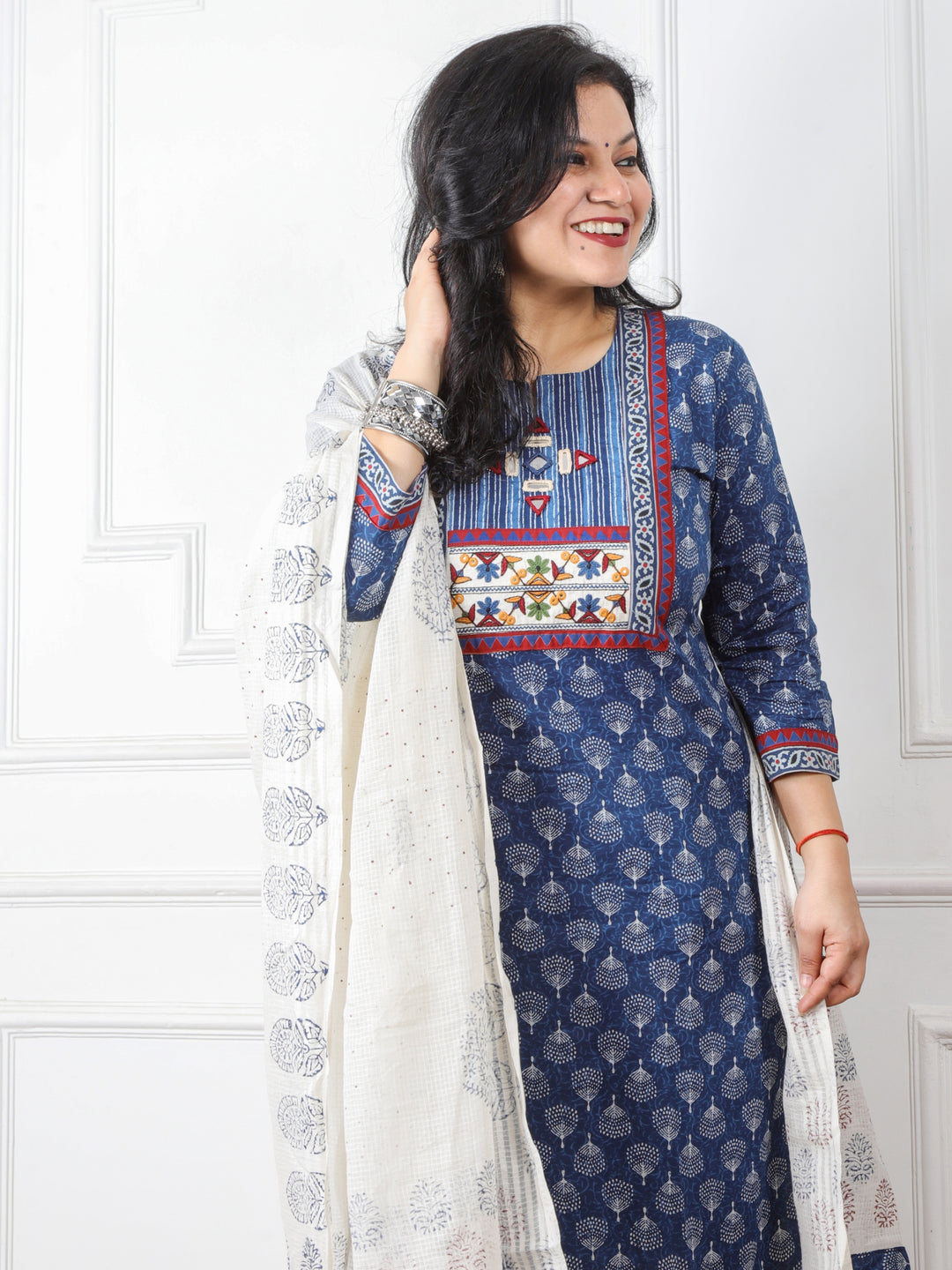 Ghoomar Indigo Blue Kutch Embroidery Neck Work Print Cotton 3 Piece Set D1