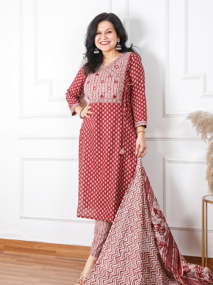 Ghoomar Rust Red Angrakha Style Neck Mirror Work Print Cotton 3 Piece Set D3