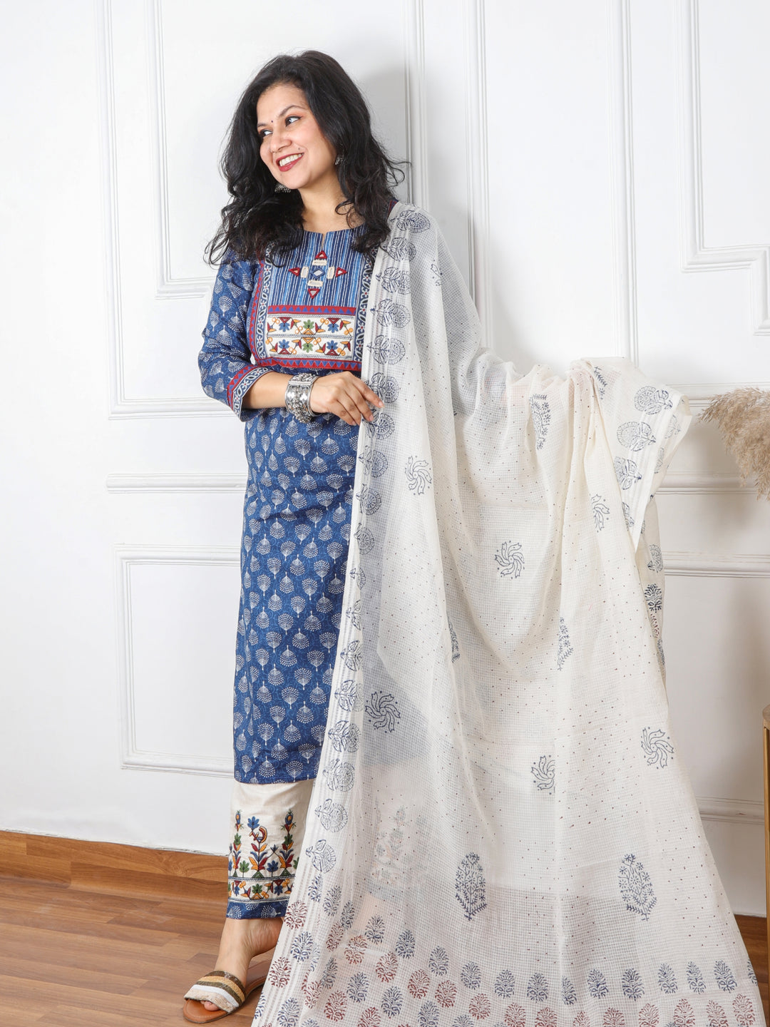 Ghoomar Indigo Blue Kutch Embroidery Neck Work Print Cotton 3 Piece Set D1