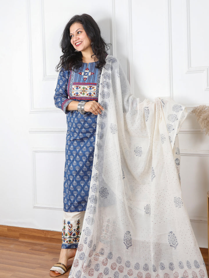 Ghoomar Indigo Blue Kutch Embroidery Neck Work Print Cotton 3 Piece Set D1