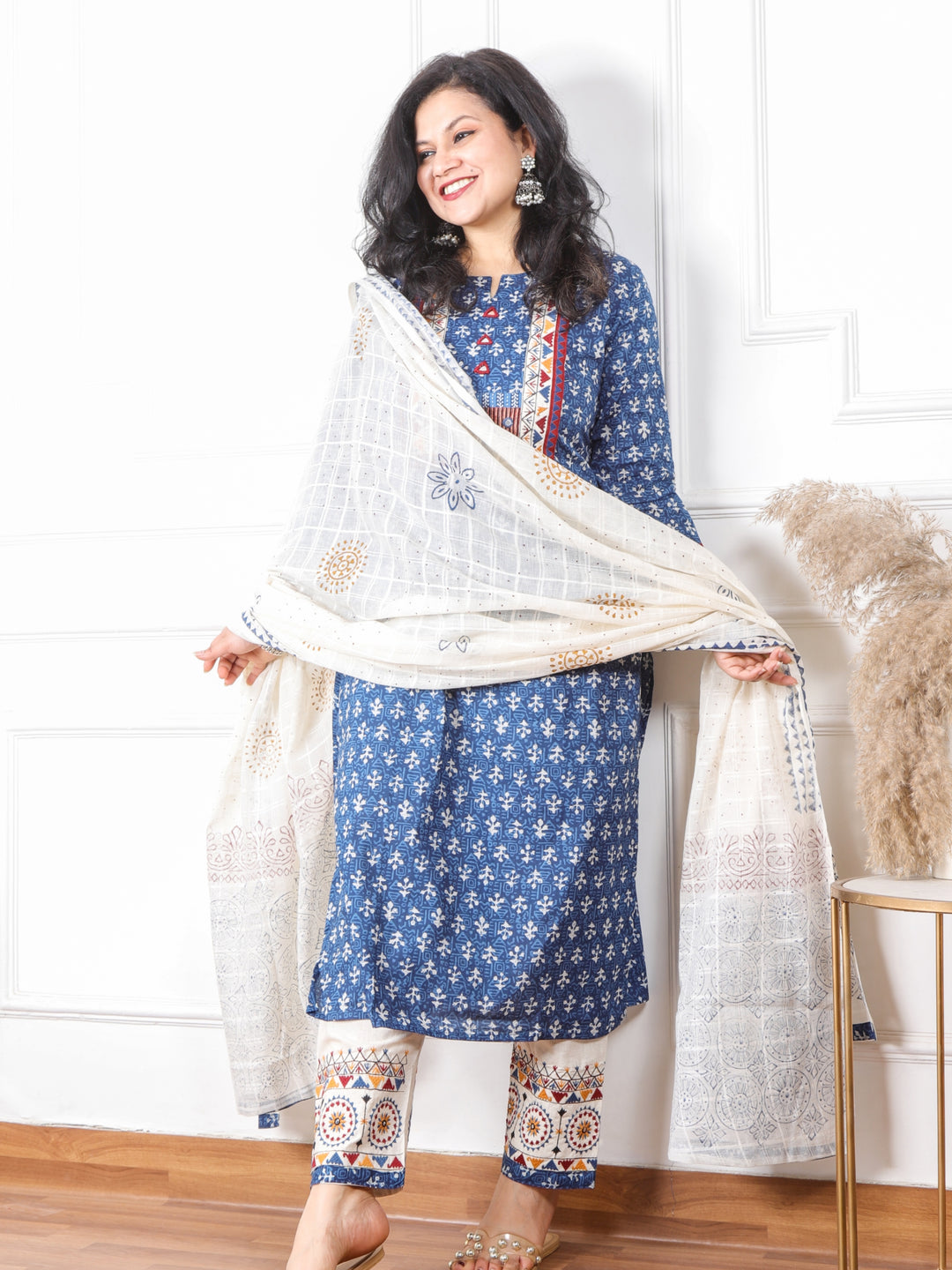 Ghoomar Indigo Blue Kutch Embroidery Neck Work Print Cotton 3 Piece Set D2
