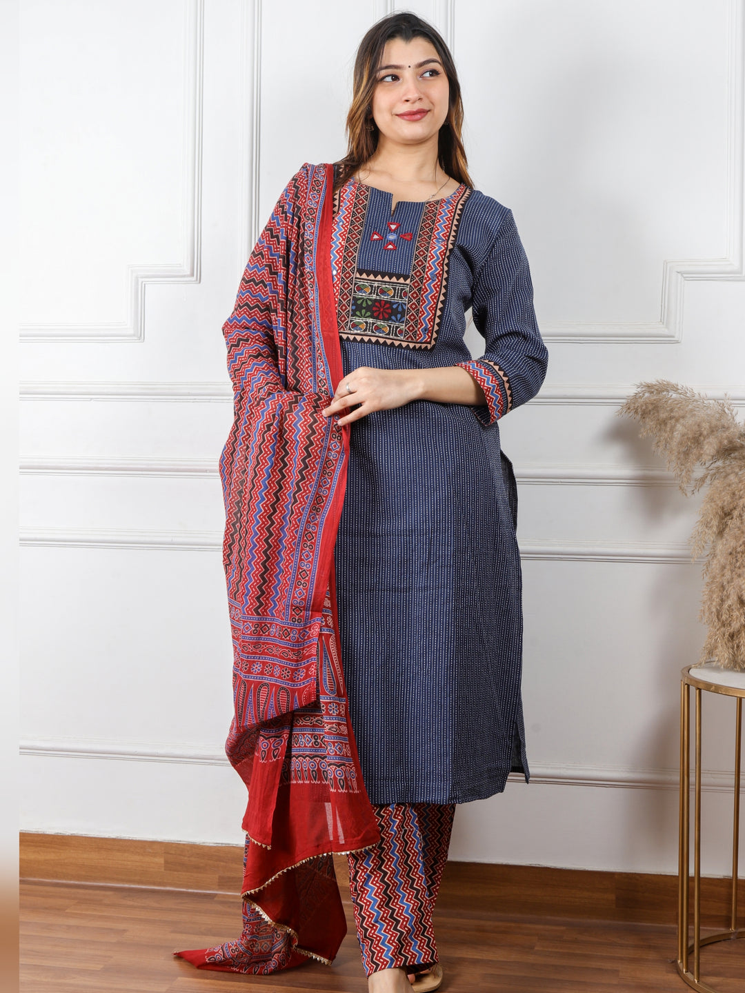 Ghoomar Denim Blue Running Stitch With Mirror Work Cotton 3 Piece Set