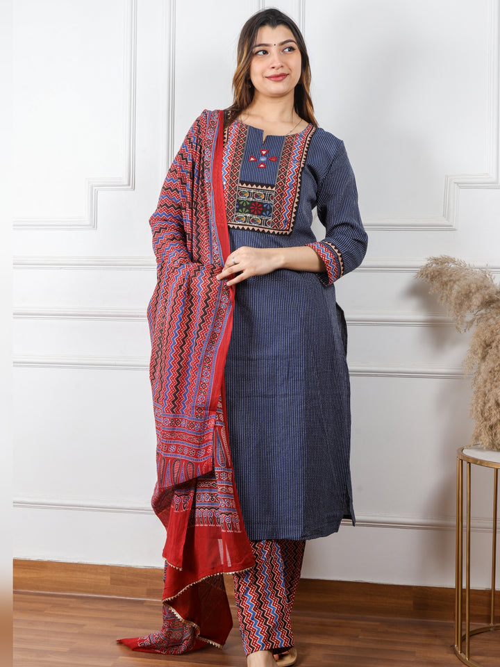 Ghoomar Denim Blue Running Stitch With Mirror Work Cotton 3 Piece Set