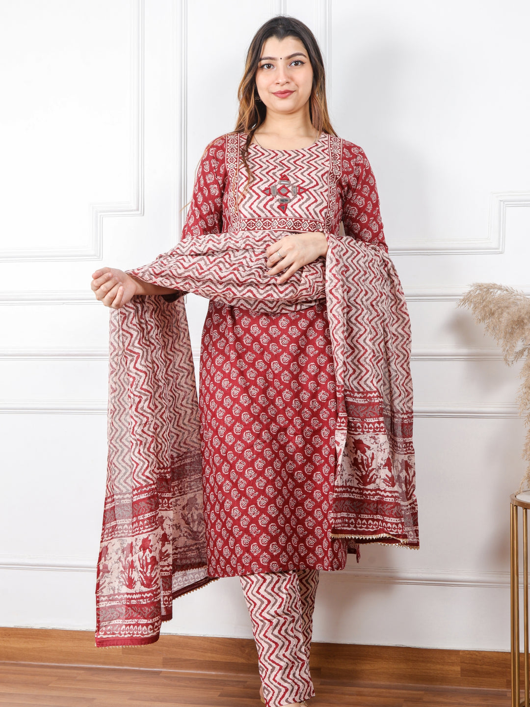 Ghoomar Rust Red Kutch Embroidery Neck Mirror Work Print Cotton 3 Piece Set D1
