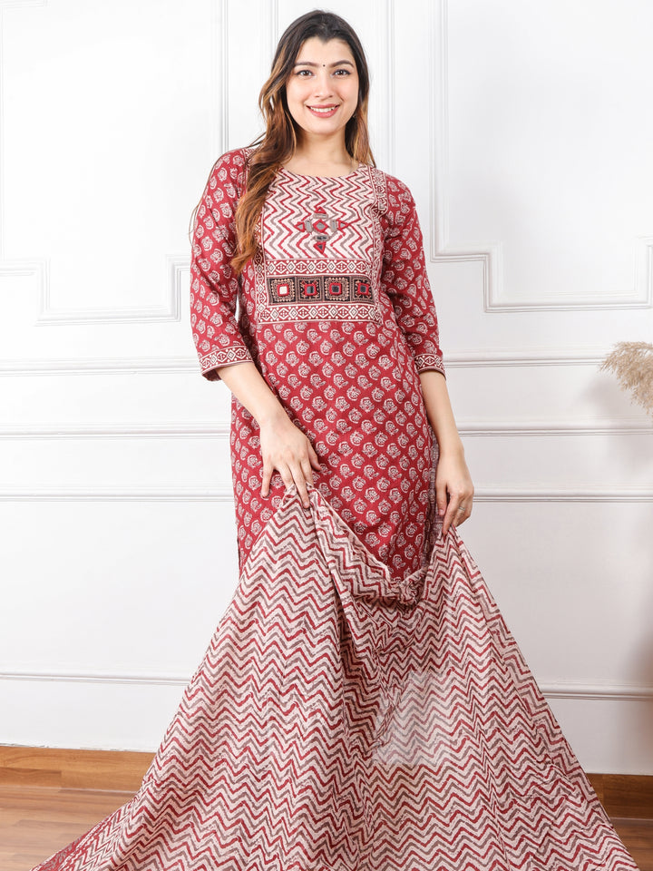 Ghoomar Rust Red Kutch Embroidery Neck Mirror Work Print Cotton 3 Piece Set D1