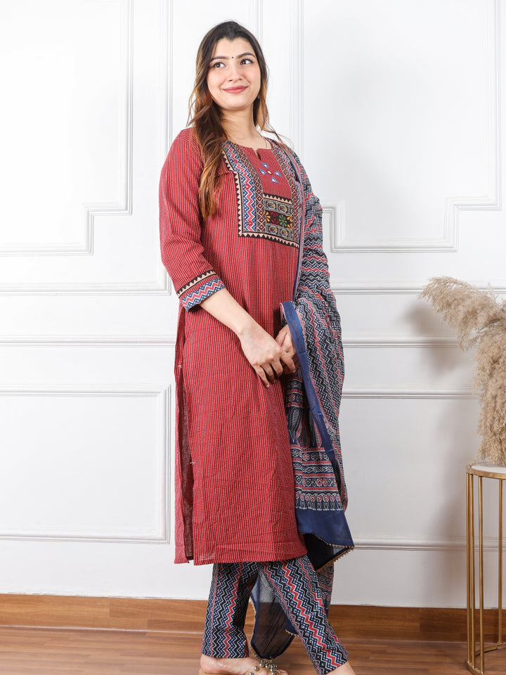 Ghoomar Apple Red Running Stitch With Mirror Work Cotton 3 Piece Set